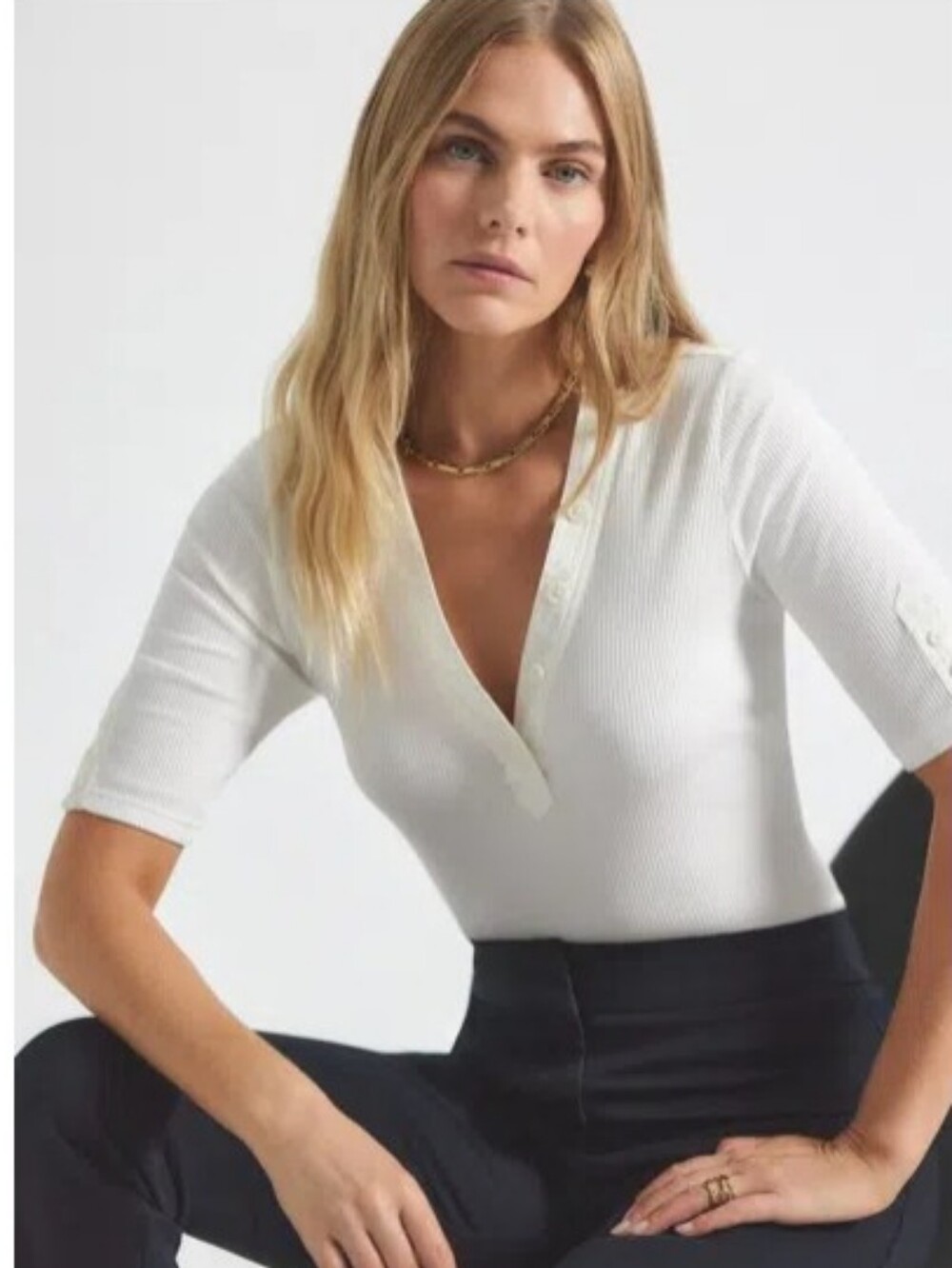 Derek Lam 10 Crosby Adrian Ribbed V-Neck Button Tee New Large